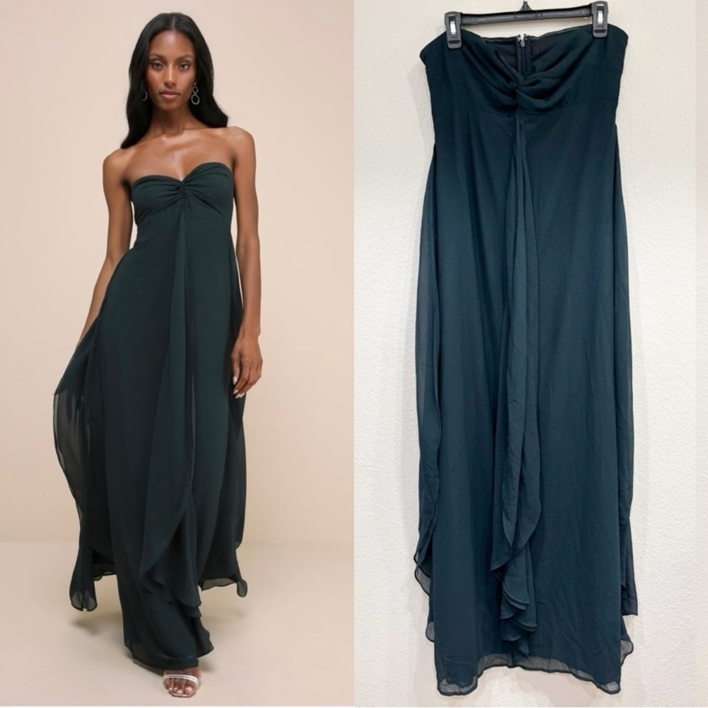 NWOT Lulus Intricate Perfection Emerald Green‎ Strapless Ruffled Maxi Dress